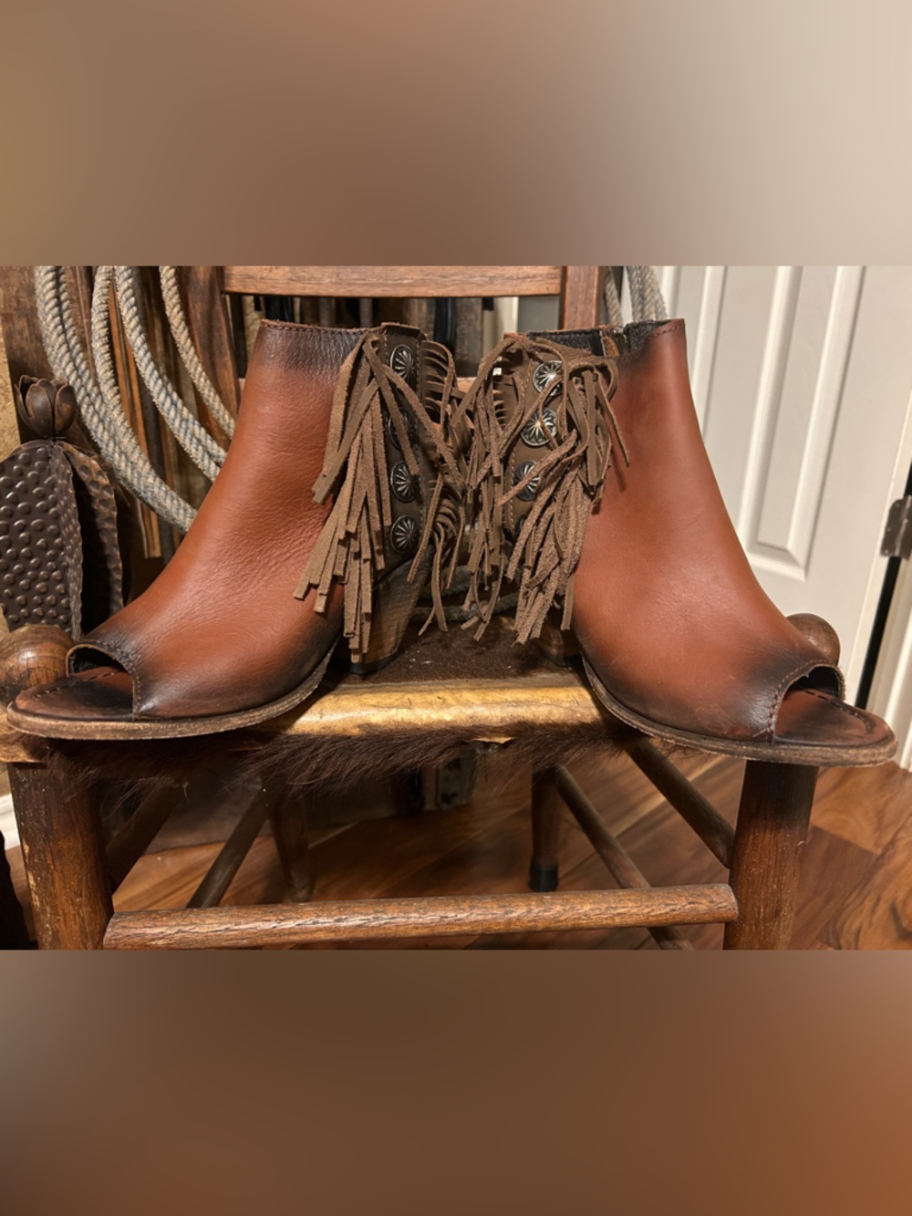 liberty Brown Leather Peep-Toe Fringe Ankle Booties